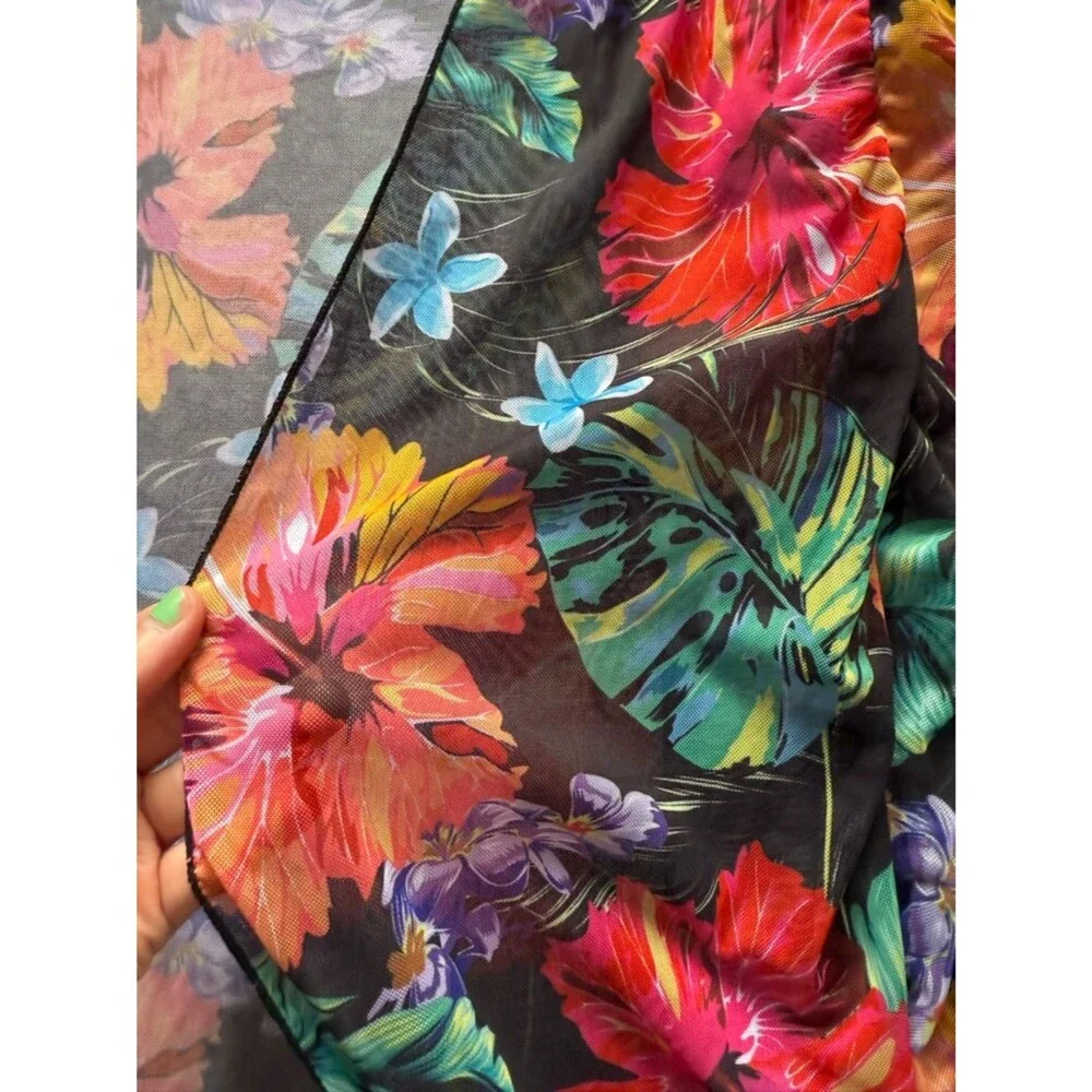 Tropical Floral Sheer Swim Coverup - Black with Multicolor Hibiscus